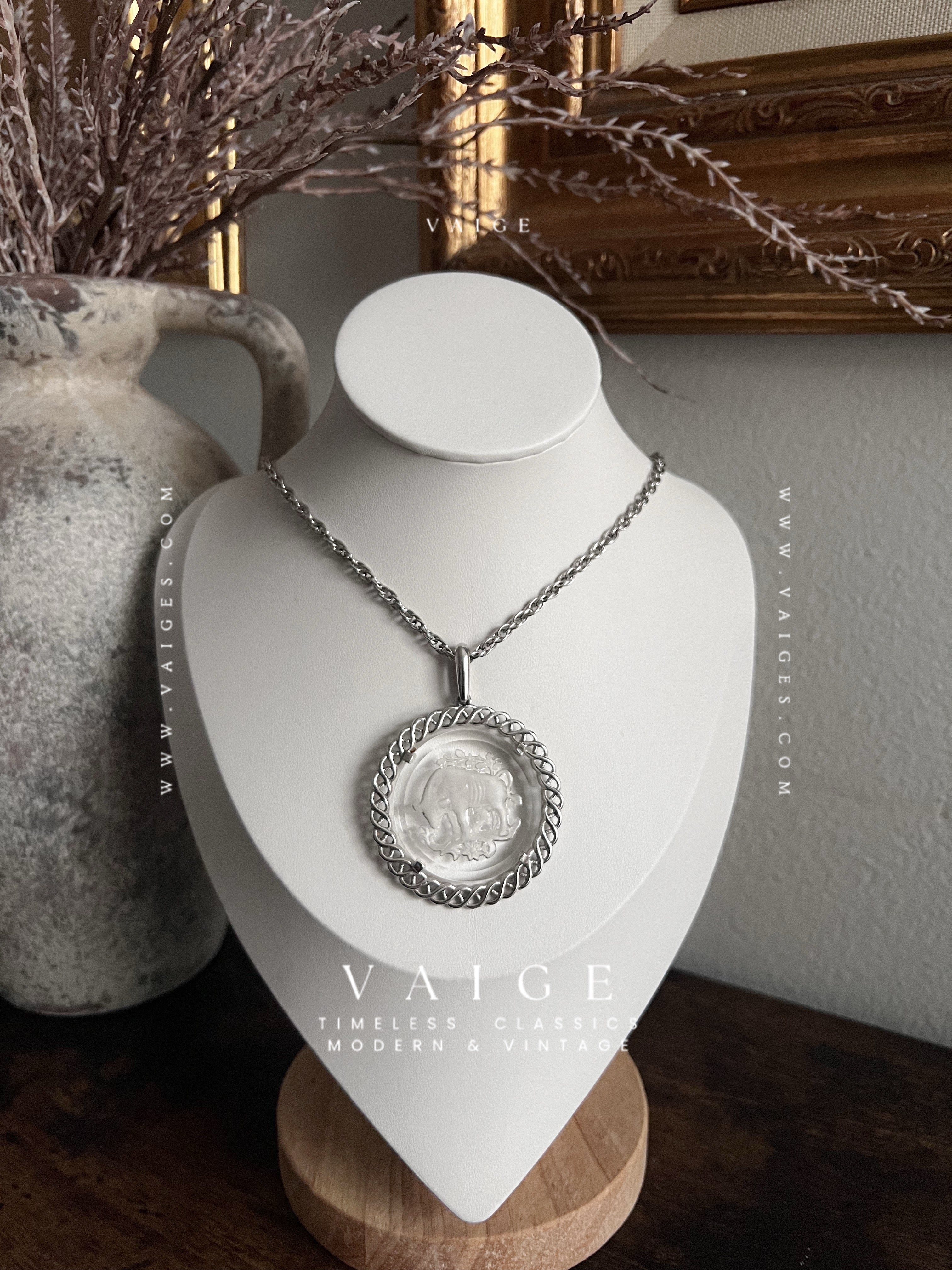 VAIGE One Of One | Vintage Circle Coin Silver Zodiac Necklace Taurus Glass Engraved